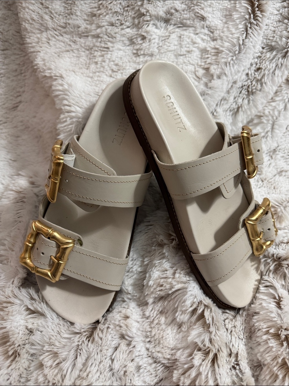 SCHUTZ Cream Leather Double-Buckle Slide Sandals with Gold Buckles